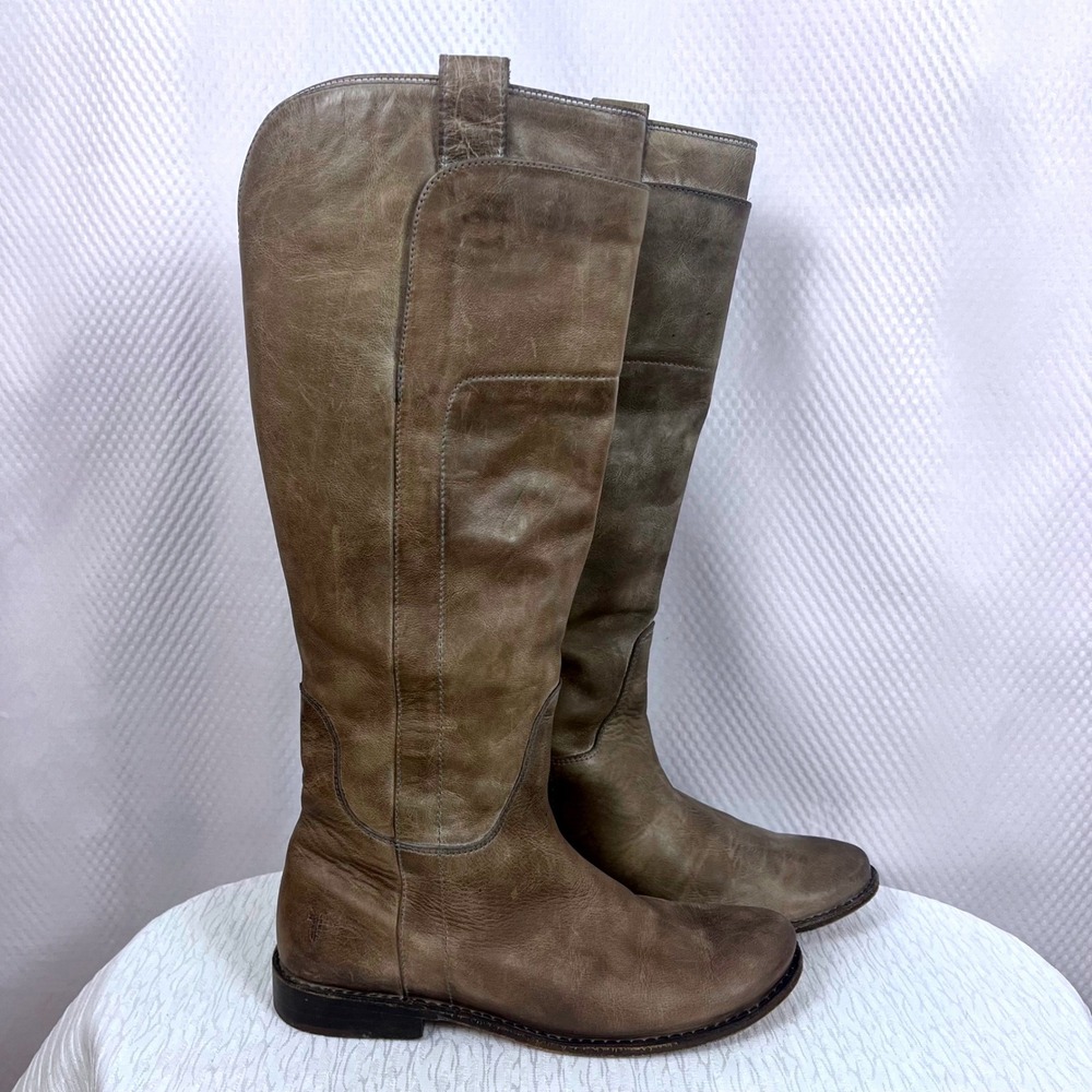 Frye Paige Tall Riding‎ Taupe Brown Leather Boots Distressed Size 7 B (clo702)